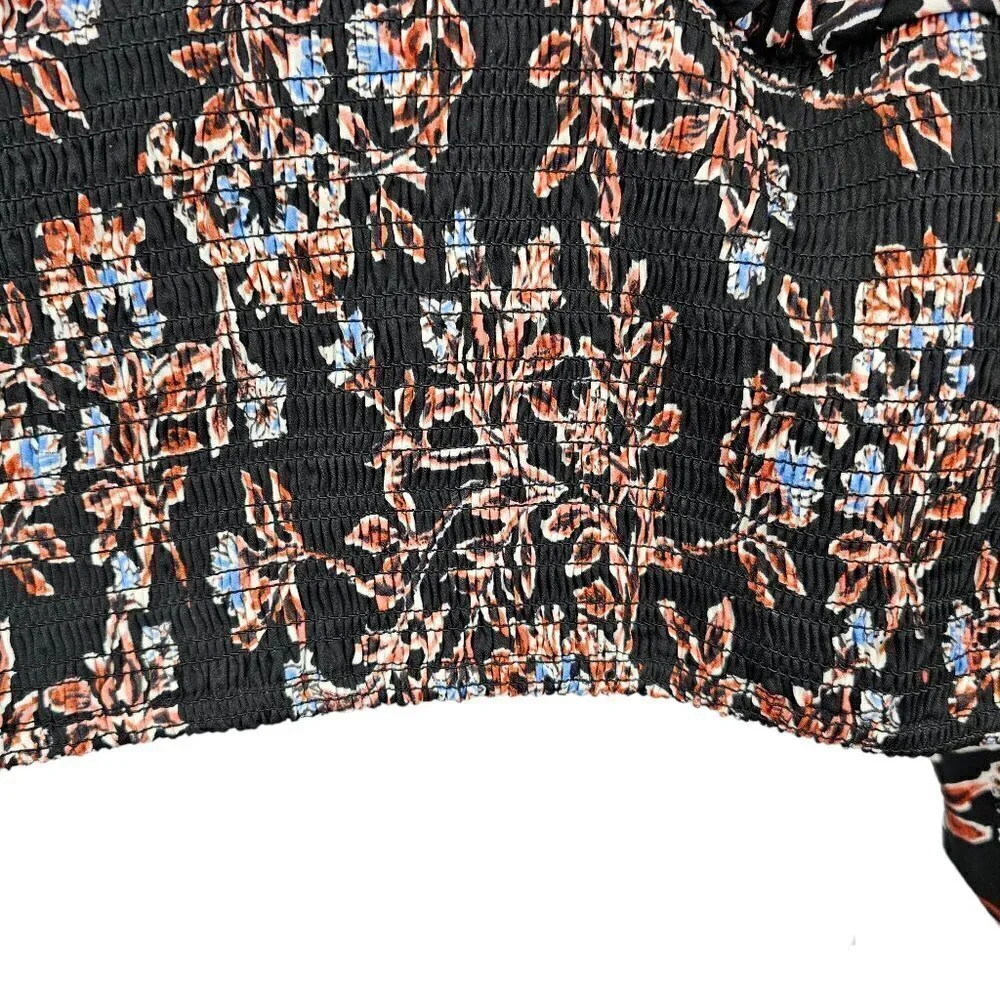 FREE PEOPLE Santiago Blouse Black Floral Long Sleeve Scoop Neck Smock Top